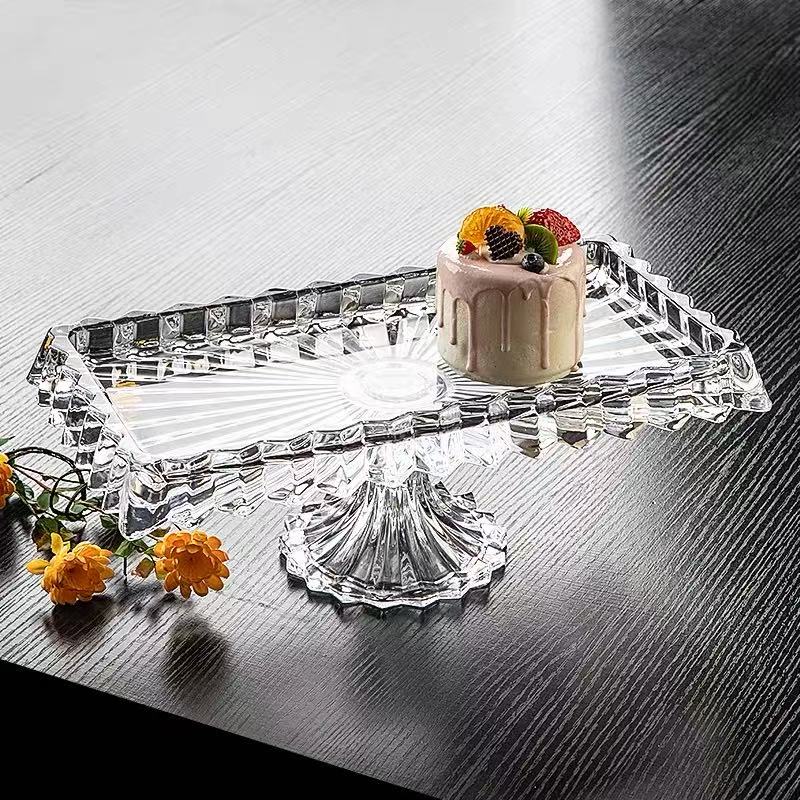 单只-轻奢水晶高脚果盘无铅水晶玻璃浮雕长方形点心蛋糕水果托盘