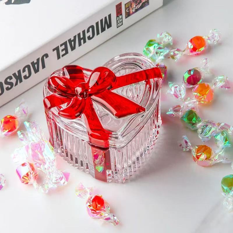单只带盖-轻奢红色蝴蝶结爱心糖果罐无铅水晶玻璃欧式储物首饰盒