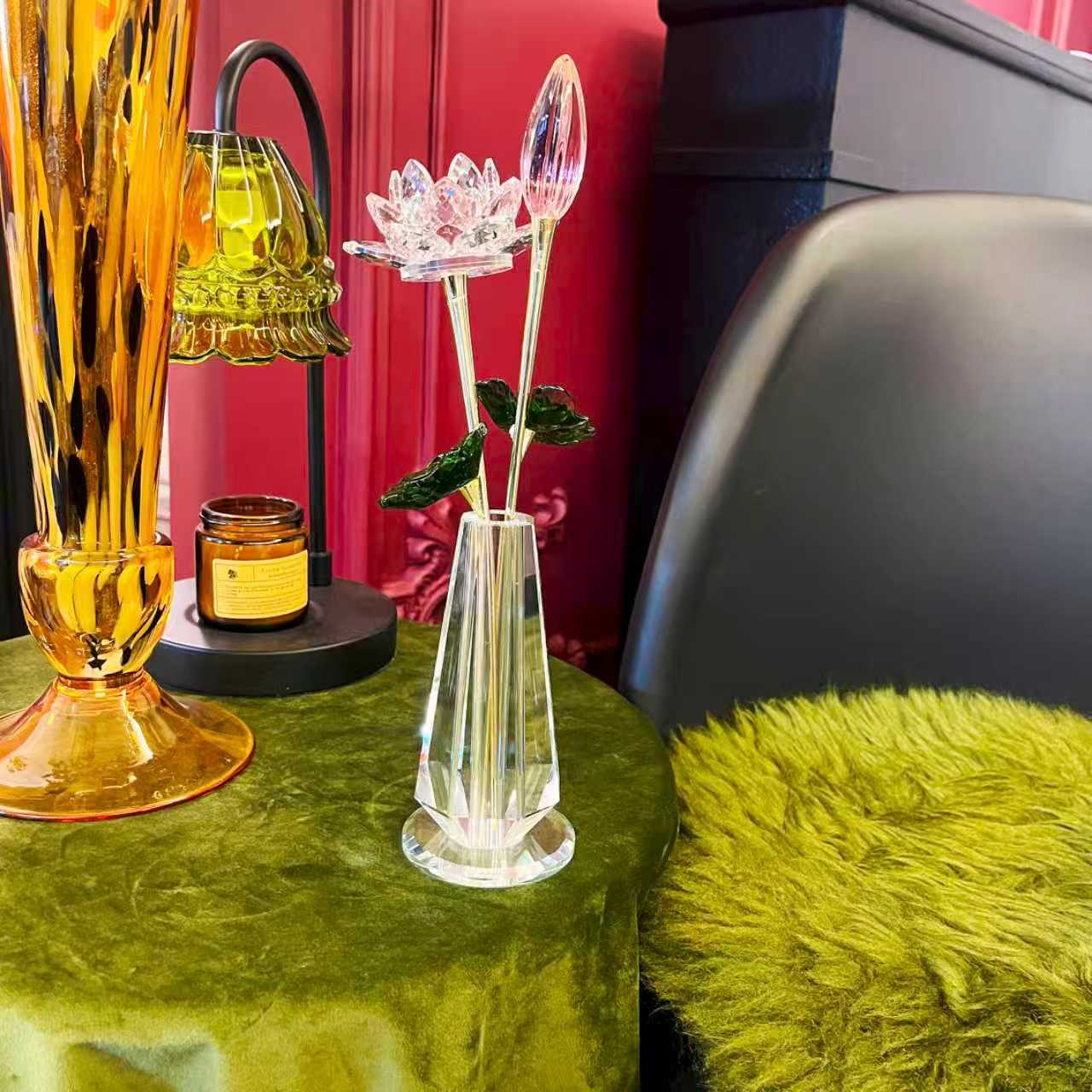 单只-轻奢K9水晶粉色并蒂荷花摆件家居客厅卧室水晶摆件装饰品