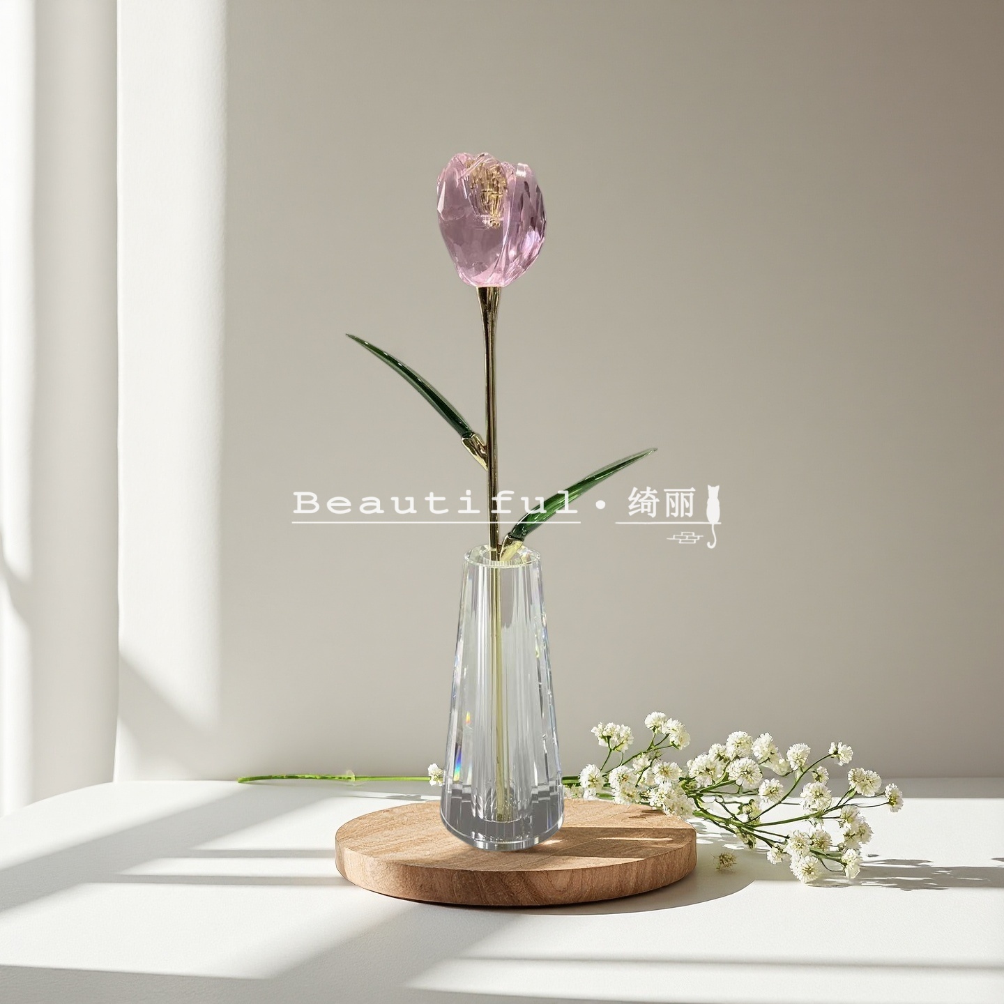 单只礼盒装-轻奢粉色水晶郁金香摆件客厅酒柜家居软装饰品
