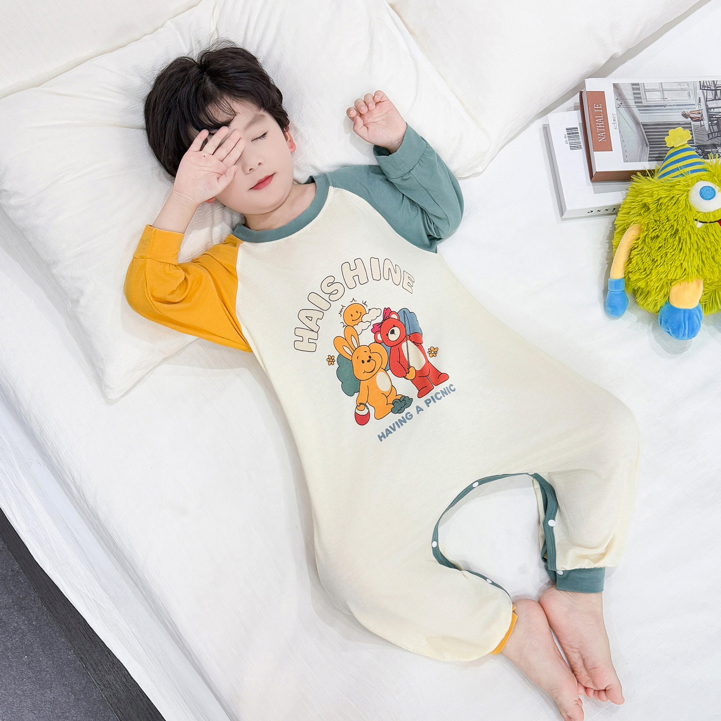 儿童长袖连体睡衣男童春夏莫代尔2026新款男孩防踢男宝宝连身睡袋