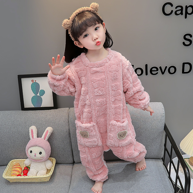 儿童连体睡衣珊瑚绒女宝宝冬季加绒加厚法兰绒爬服卡通婴幼儿睡袋
