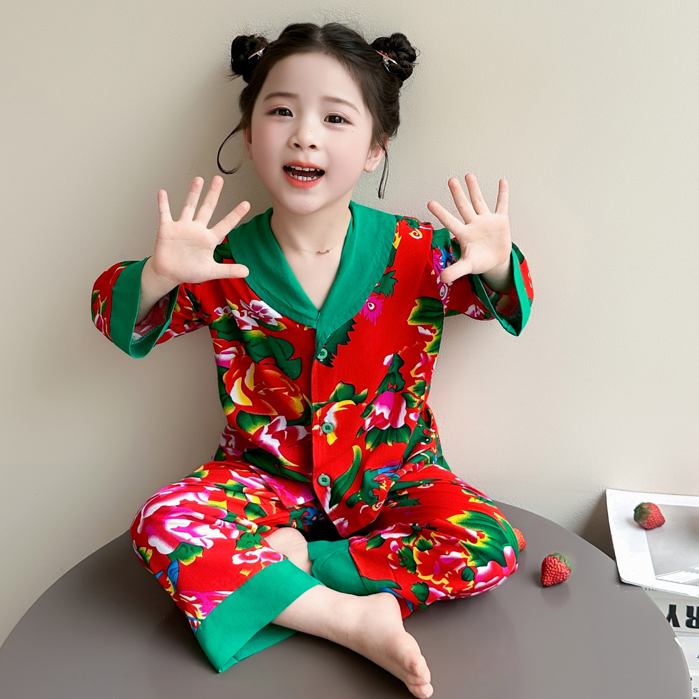 儿童睡衣东北大花红色女童家居服宝宝开衫小孩长袖薄款空调套装