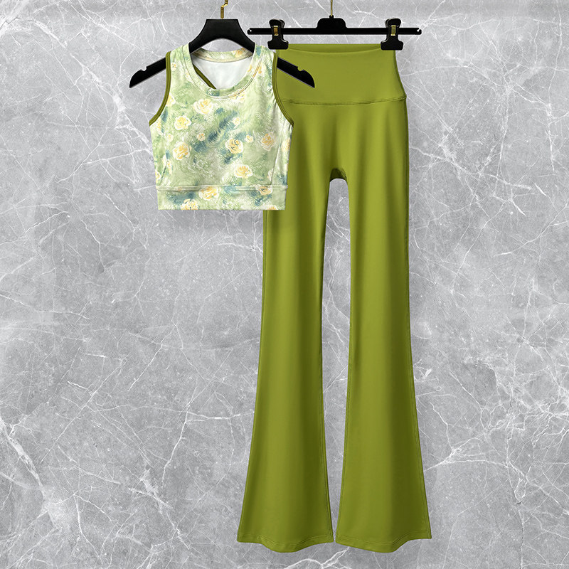 运动背心喇叭裤普拉瑜伽服套装时尚花色美背速干健身房女士训练服