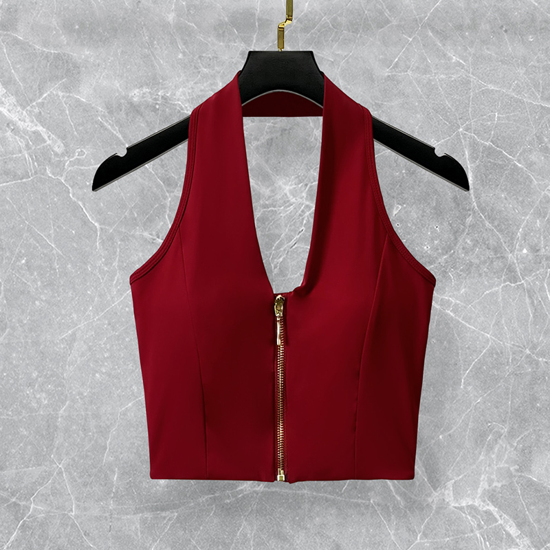 红色瑜伽服背心高级感时尚带拉链