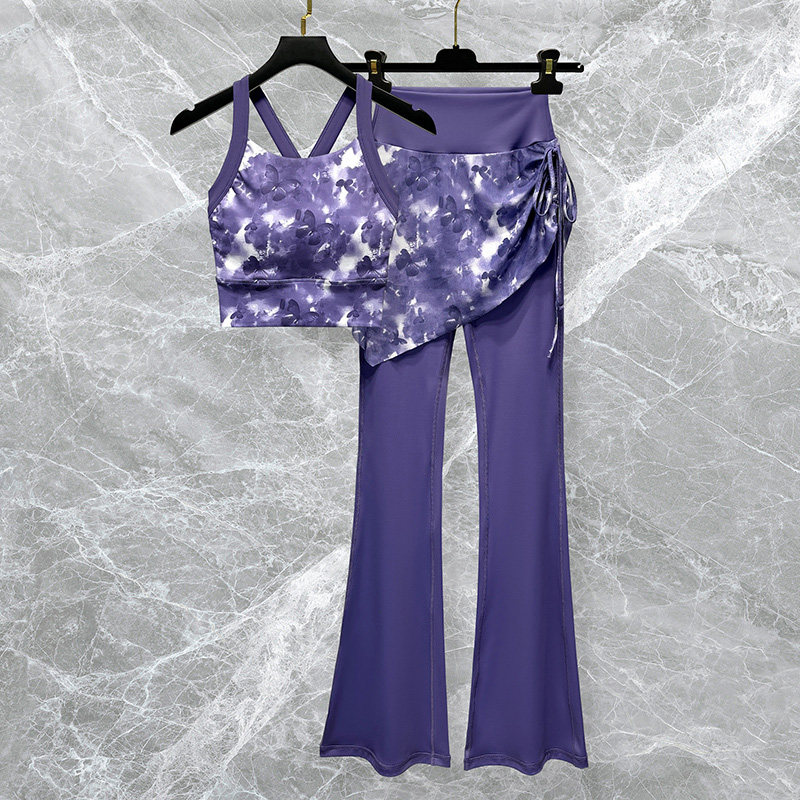 彩色印花瑜伽服套装女高端专业运动健身训练背心上衣假两件喇叭裤