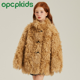OPCP儿童皮草外套秋冬新款仿滩羊毛女童毛毛大衣中大童保暖冬装