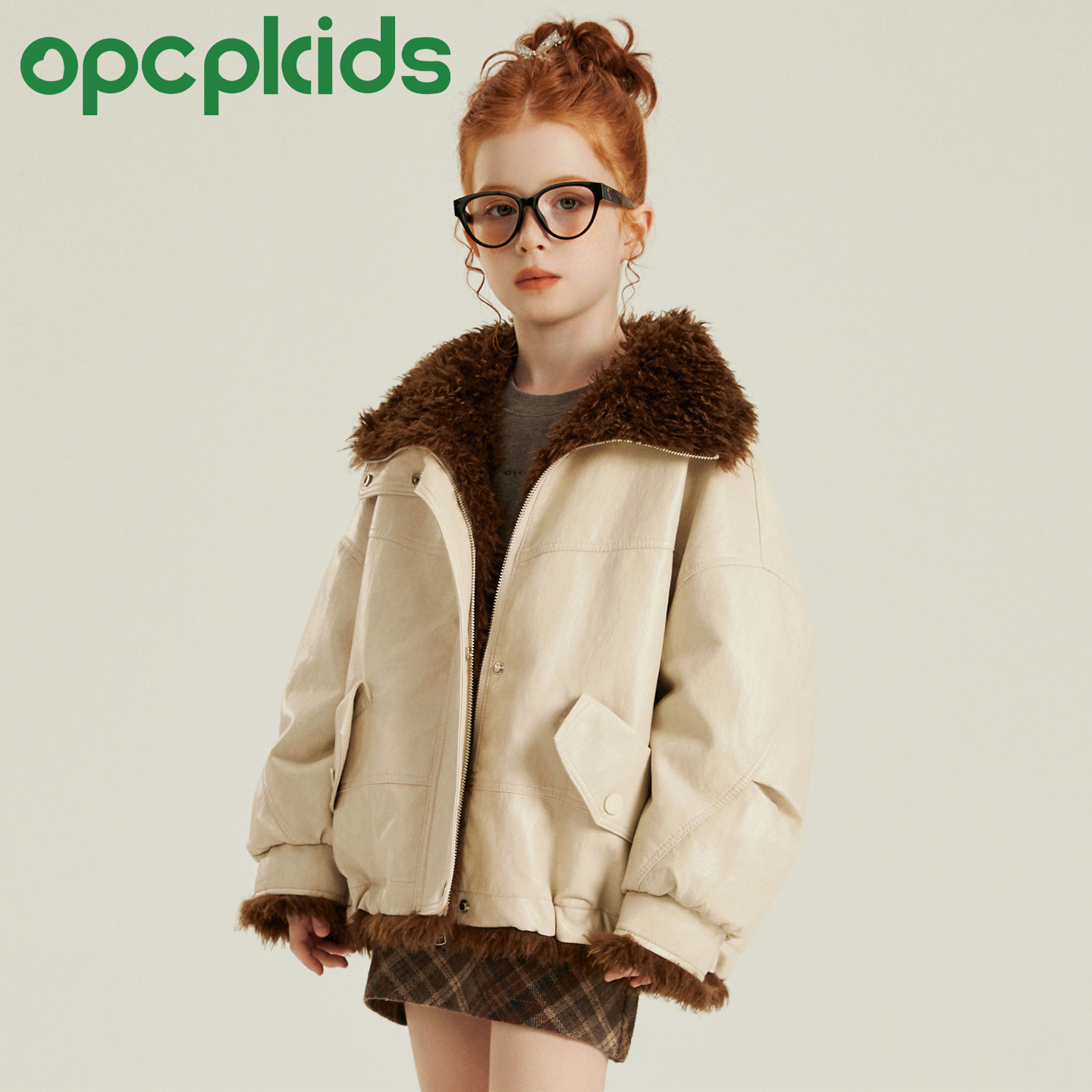 OPCP儿童机车服冬季新款女童PU皮正反两穿皮草外套男童夹克皮衣