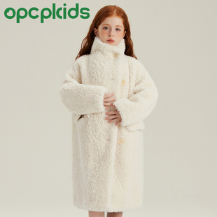 OPCP儿童皮草外套2025秋冬新款女童仿羊羔毛小女孩毛毛大衣中长款