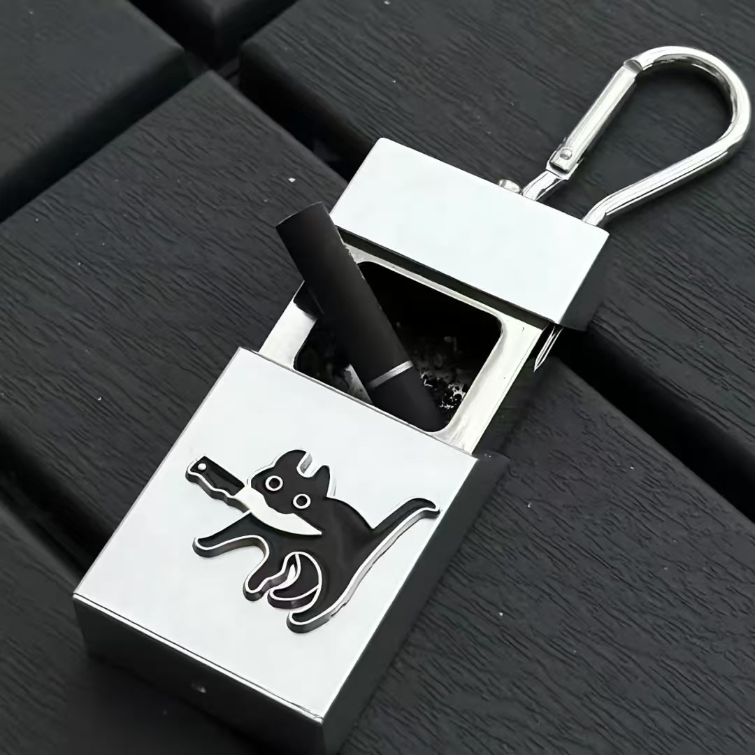 小猫鲨手便携式手工烟灰缸带盖不锈钢户外车载烟灰缸小号随身高级