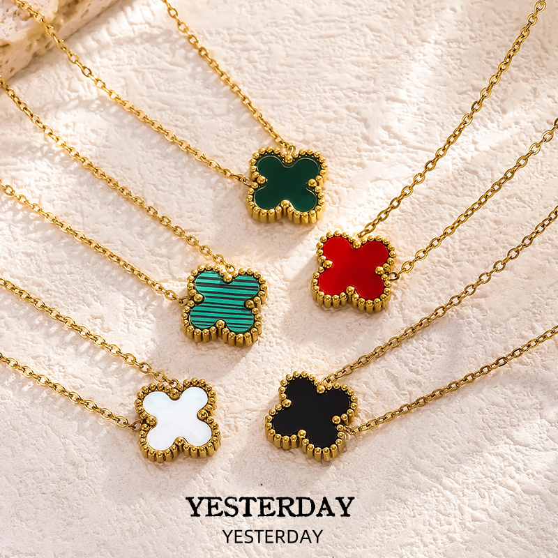 轻奢小众幸运四叶草项链单花天然贝母孔雀石吊坠玫瑰金满钻锁骨链