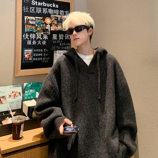 连帽针织衫毛衣男V领高级慵懒风韩系宽松百搭款外搭外贸