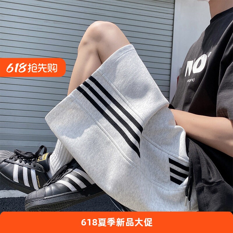 美式条纹运动短裤男夏外穿潮流宽松直筒中裤男生阔腿休闲五分卫裤