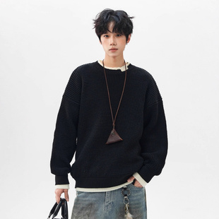 简恒高级感秋冬简约圆领潮流宽松情侣款假两件破洞毛衣男女大码潮