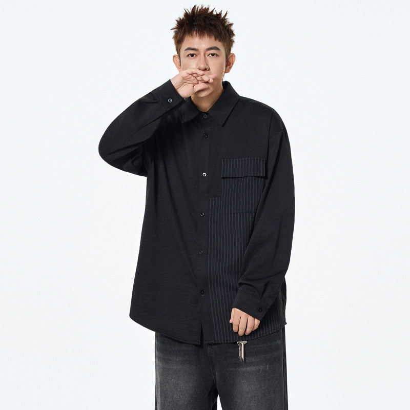 设计感春秋季男高街衬衫衬衣百搭休闲港风细条纹宽松长袖拼接,男装,牛仔衬衫,淘宝优惠券,粉丝福利购,淘宝优惠卷