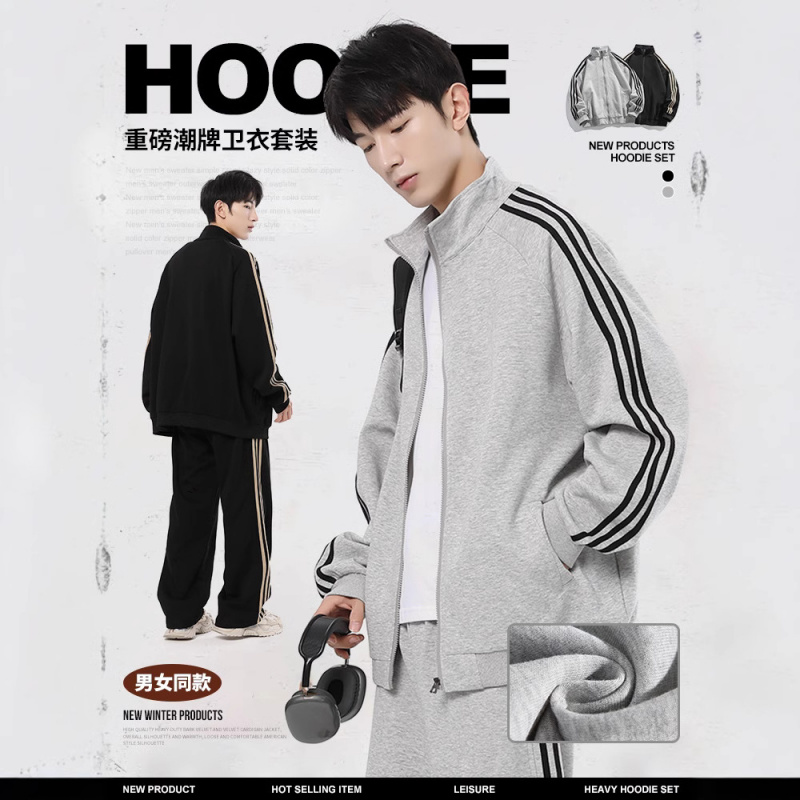 三条杠时尚宽松休闲运动套装男