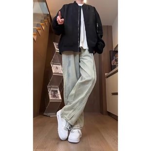 日系复古泛黄水洗垂感做旧牛仔裤男女高街ins潮直筒阔腿拖地长裤