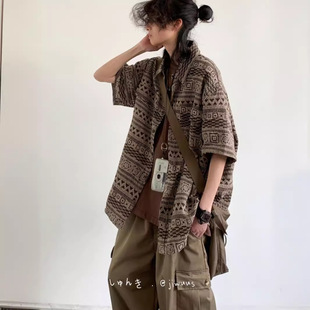 2026新款夏复古着感短袖衬衫男女学生边水民族风廓形休闲衬衣外套