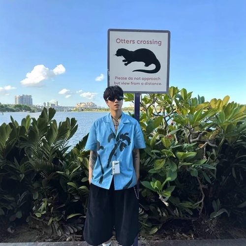 古巴领印花短袖衬衫男