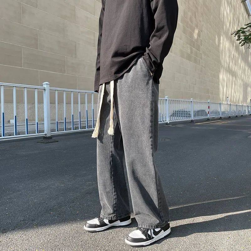 大码松紧腰牛仔裤男春秋直筒裤宽松复古新款潮流潮牌美式港风裤子