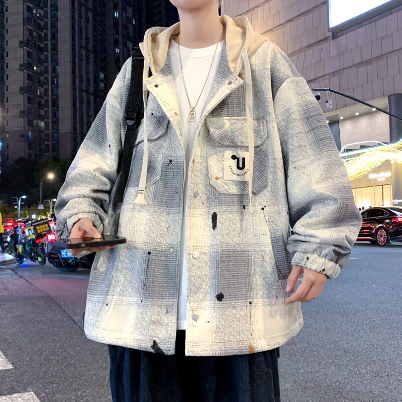 工装格子连帽夹克男01
