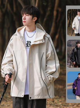 IZEXX潮牌双层连帽夹克外套高街立领夹克防风冲锋衣休闲外套男