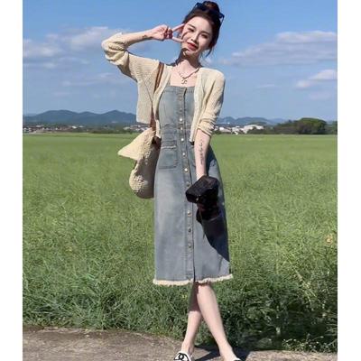 法式复古牛仔连衣裙套装女2025夏季新款设计感开衫背带裙两件套