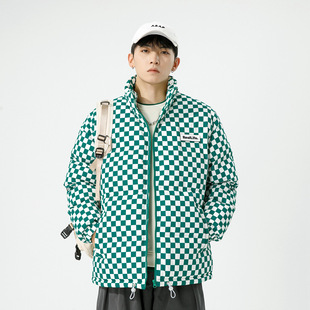冬季男士保暖棉衣外套棉袄无帽潮牌宽松立领面包格子防寒棉服