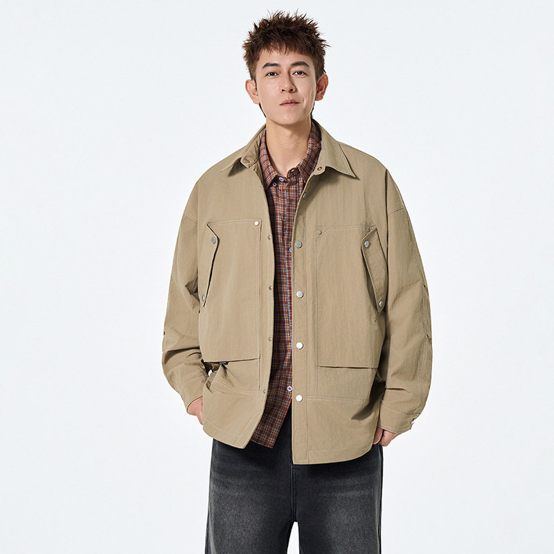 美式复古休闲简约明线设计夹克男单排扣宽松休闲衬衫纯色工装外套,男装,夹克,淘宝优惠券,粉丝福利购,淘宝优惠卷