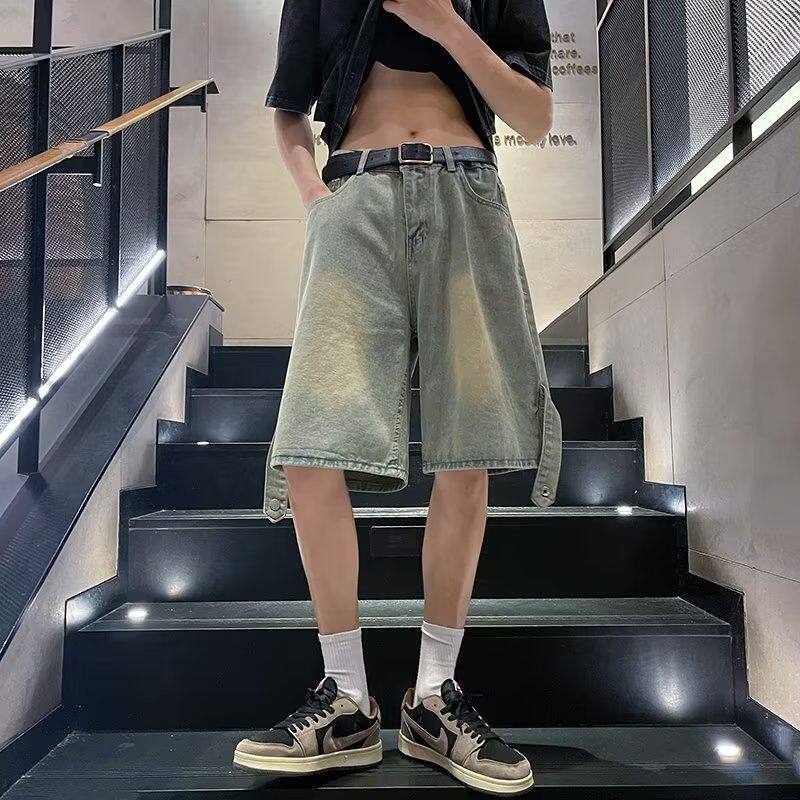 美式复古黄泥染牛仔短裤男夏季薄款潮牌工装裤子设计感小众五分裤
