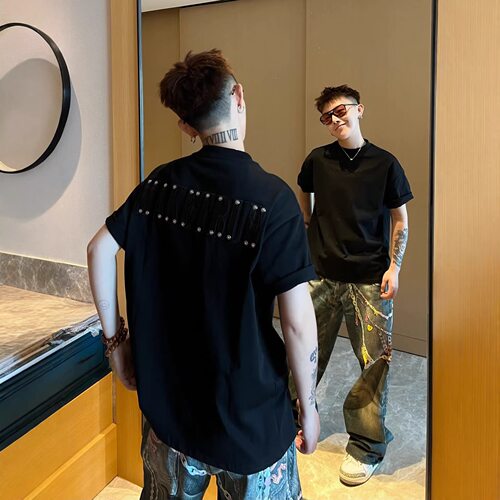 美式铆钉短袖男黑T433