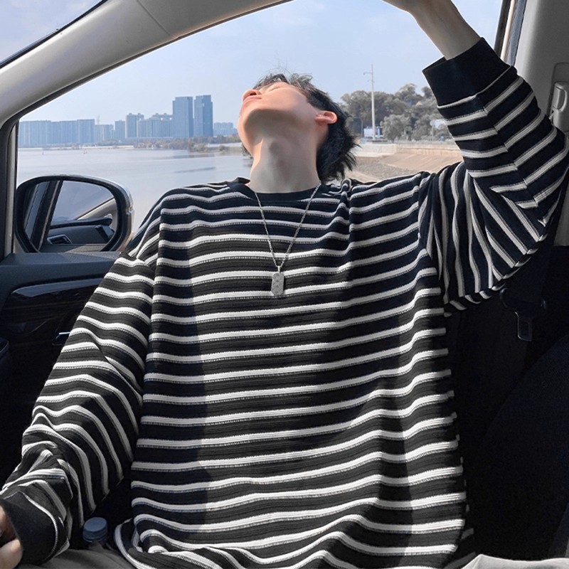 黑白条纹长袖T恤男615
