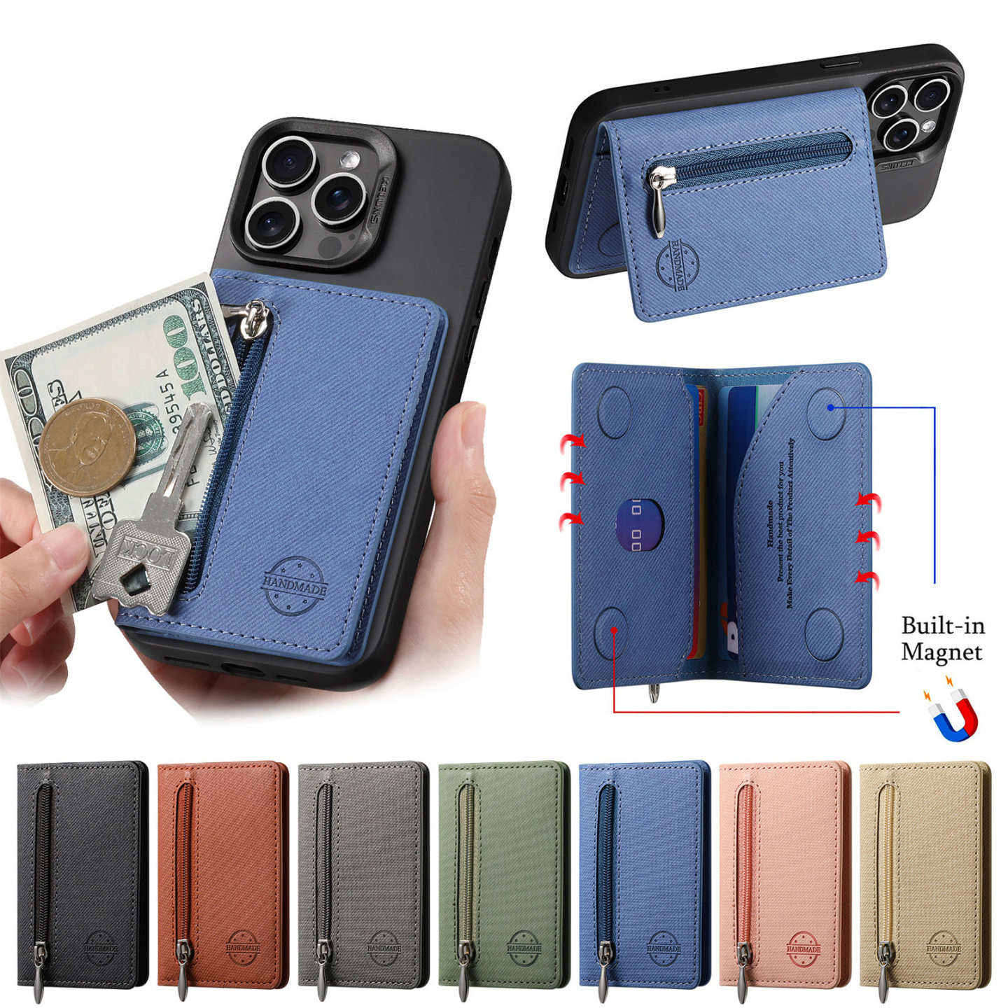 拉链钱包适用华为荣耀小米苹果oppo手机壳3M粘贴式带卡包卡夹多功能大容量背贴支架个性背贴包防盗刷