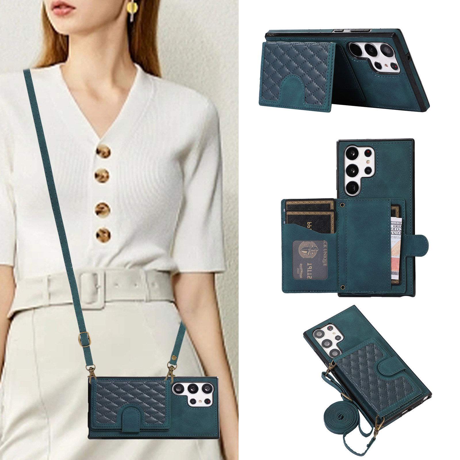 S26U适用三星s23ultra手机壳S25带斜挎S24+可背卡夹note20支架一体A52插卡s22挂绳s21fe卡槽A55卡包A56套A36