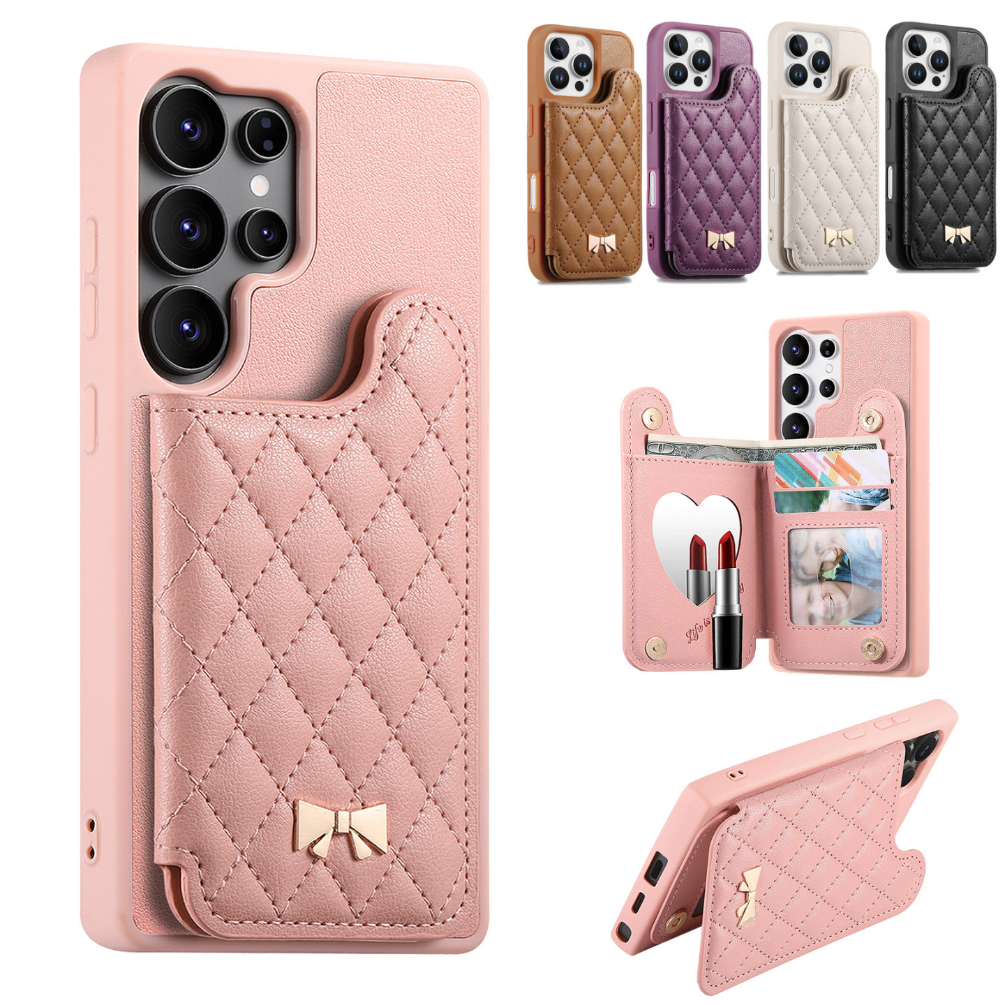 带补妆镜卡包适用三星S24Ultra手机壳带卡套S25edge外壳A06卡夹A54翻盖A56插卡A34钱包A55保护套A35插卡A36