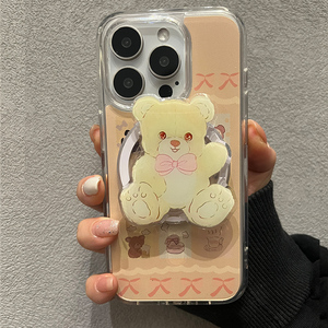 卡通可爱小熊带磁吸支架适用苹果15手机壳iPhone14新款pro女12/13/11/xsmax/mini/plus/xr/7/8/promax保护套