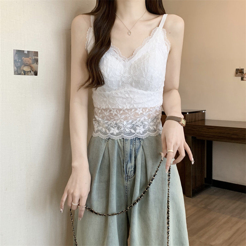 大尺码法式蕾丝吊带背心女外穿秋冬胖mm带胸垫美背文胸一体内搭上