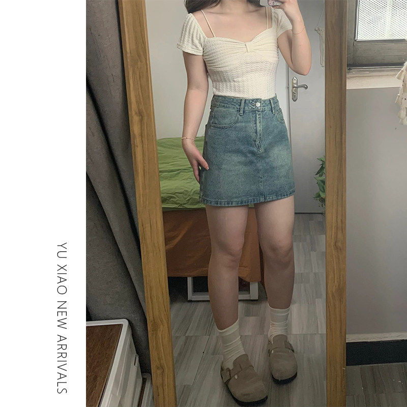 复古蓝牛仔短裙女夏季高腰大尺码显瘦胖mm小个子遮肚子a字半身裙