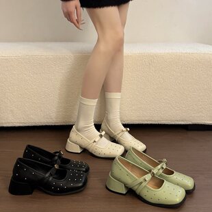 法式小皮鞋子女新款裙子高跟单鞋春季粗2026配浅口蝴蝶结玛丽珍鞋