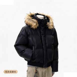 帽子加绒毛领PU皮棉服男女冬季美式cleanfit短款面包服连帽外套