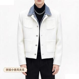 高级感拼接牛仔小香风男生超好看短款假两件夹克外套痞帅百搭上衣