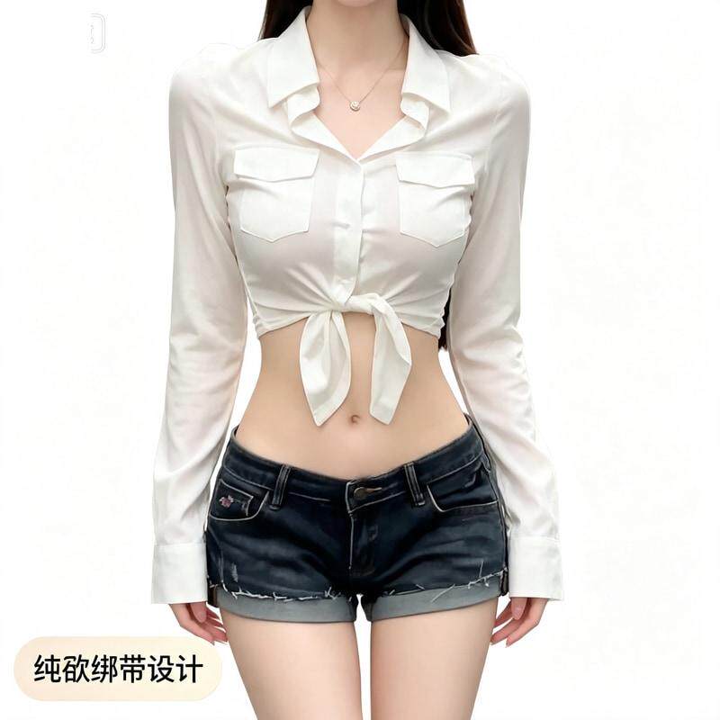 纯欲风辣妹长袖上衣女2025年夏季新款薄款设计感修身显瘦绑带衬衫