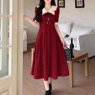 复古双层领学院风长裙子大码 法式 胖mm收腰系带连衣裙 新款 2026夏季