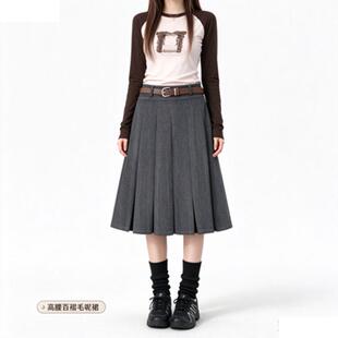 韩系复古高腰灰色毛呢百褶半身裙女秋冬学院风a字短裙五分中裙子