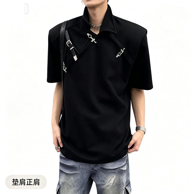 男模垫肩短袖衬衫男款痞帅高级感金属皮带扣设计感t恤正肩半袖