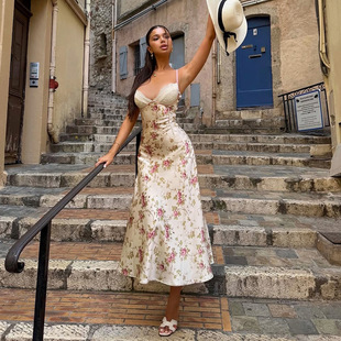 法式 少女风碎花印花性感深V领吊带连衣裙辣妹收腰露背缎面A字长裙