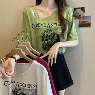 女装 2025新款 美式 t恤女夏季 宽松显瘦斜领上衣女 复古短袖 大码