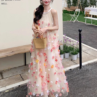 蕾英俊仙气立体花朵晨袍海边绝美长裙 新款 无袖 挂脖连衣裙女春季