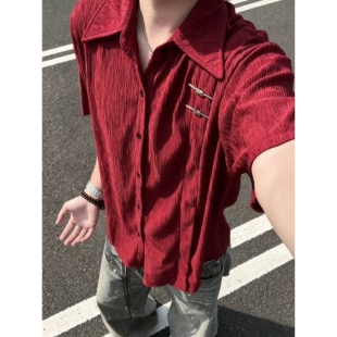 新中式酒红色短袖衬衫男夏季肌理感冰丝衬衣痞帅高级感情侣款外套