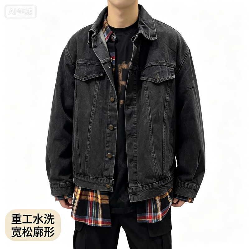 美式复古牛仔衣男女款高街工装夹克春秋潮牌短款重工水洗宽松外套图片